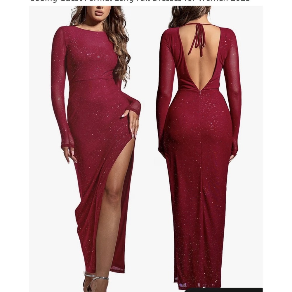 Colysmo Sparkly Sequin Bodycon Maxi Dress Long Sleeve Side Split Dress, Size L